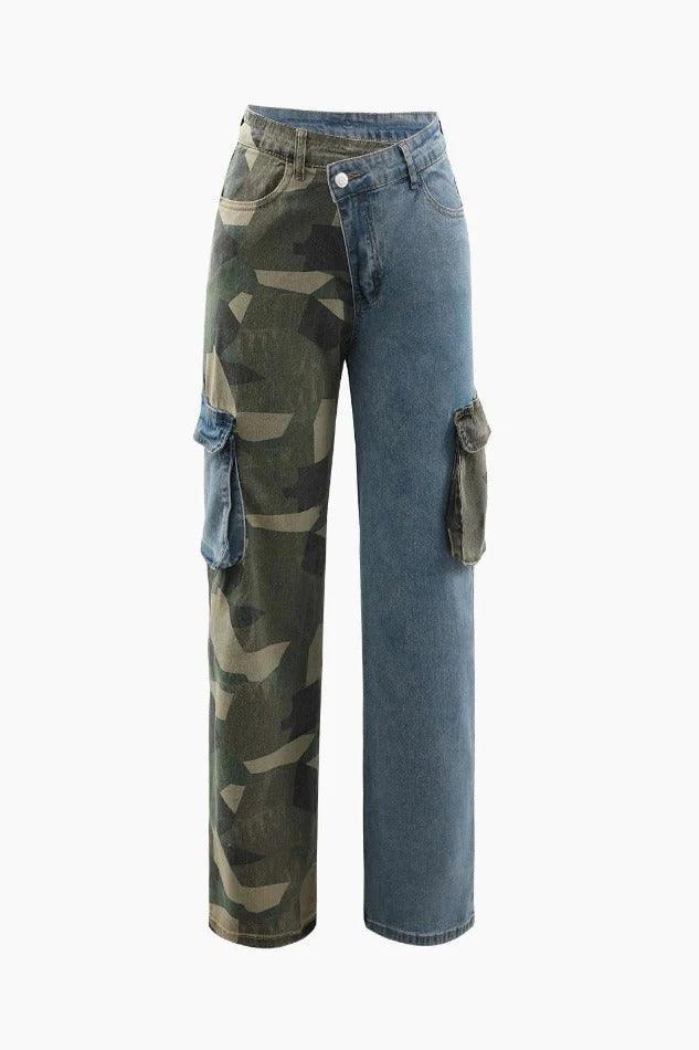 Contrast Camo Half Denim Cargo Jeans - LovelyKayley