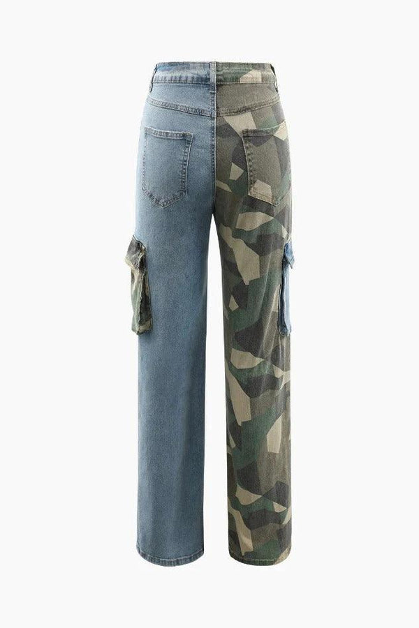 Contrast Camo Half Denim Cargo Jeans - LovelyKayley