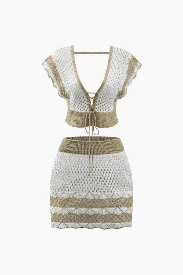 Contrast Openwork Striped Knit V-neck Top And Mini Skirt Set - LovelyKayley