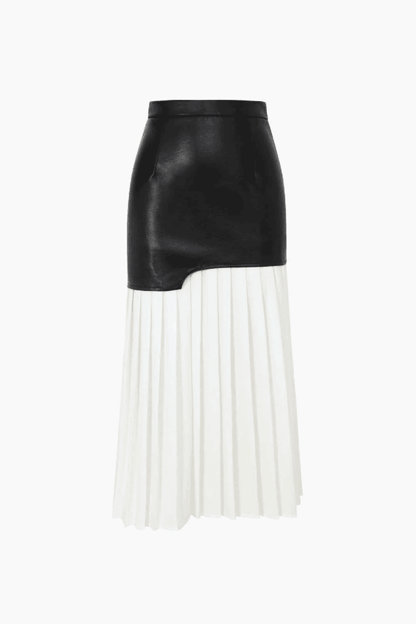 Contrast Pleated Faux Leather A-Line Midi Skirt - LovelyKayley