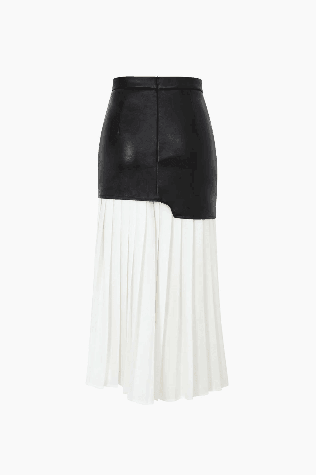 Contrast Pleated Faux Leather A-Line Midi Skirt - LovelyKayley