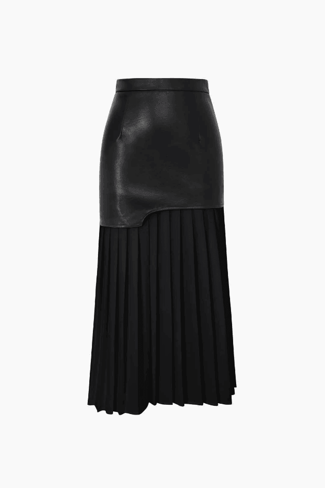 Contrast Pleated Faux Leather A-Line Midi Skirt - LovelyKayley