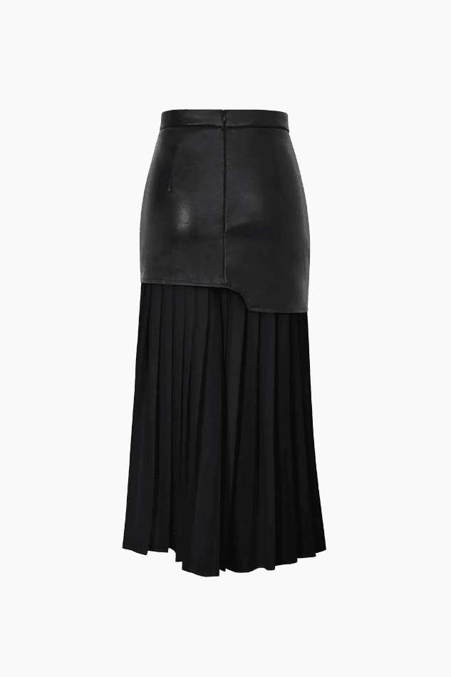 Contrast Pleated Faux Leather A-Line Midi Skirt - LovelyKayley