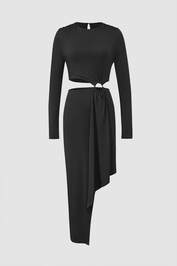 Cut Out Asymmetric Hem Long sleeve Midi Dress - LovelyKayley