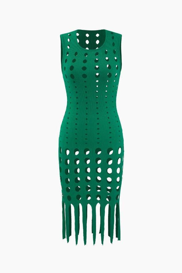 Cut Out Fringe Hem Mesh Sleeveless Mini Dress - LovelyKayley