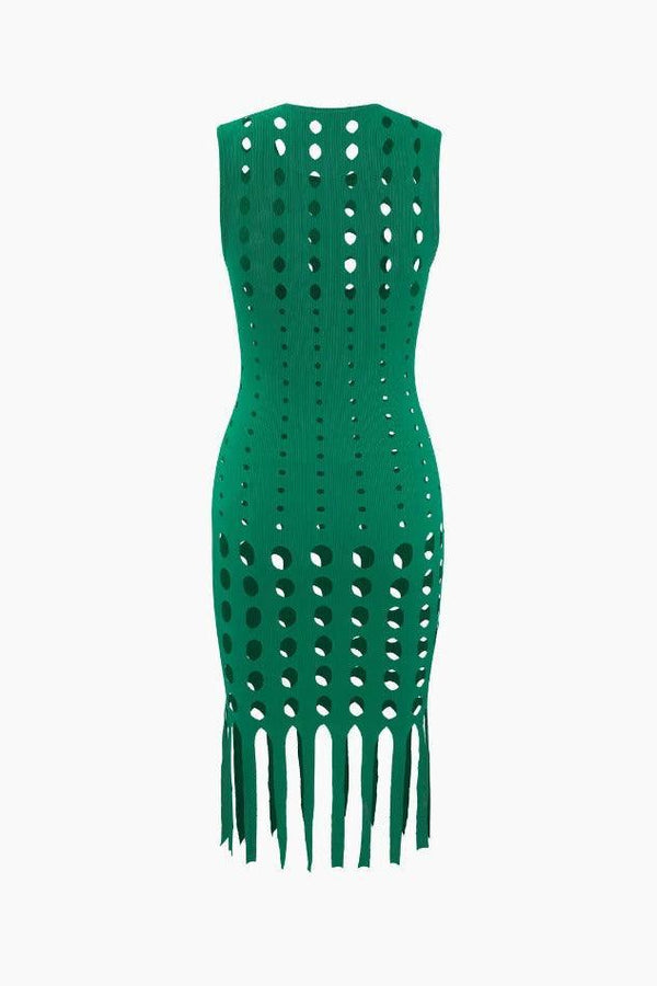 Cut Out Fringe Hem Mesh Sleeveless Mini Dress - LovelyKayley