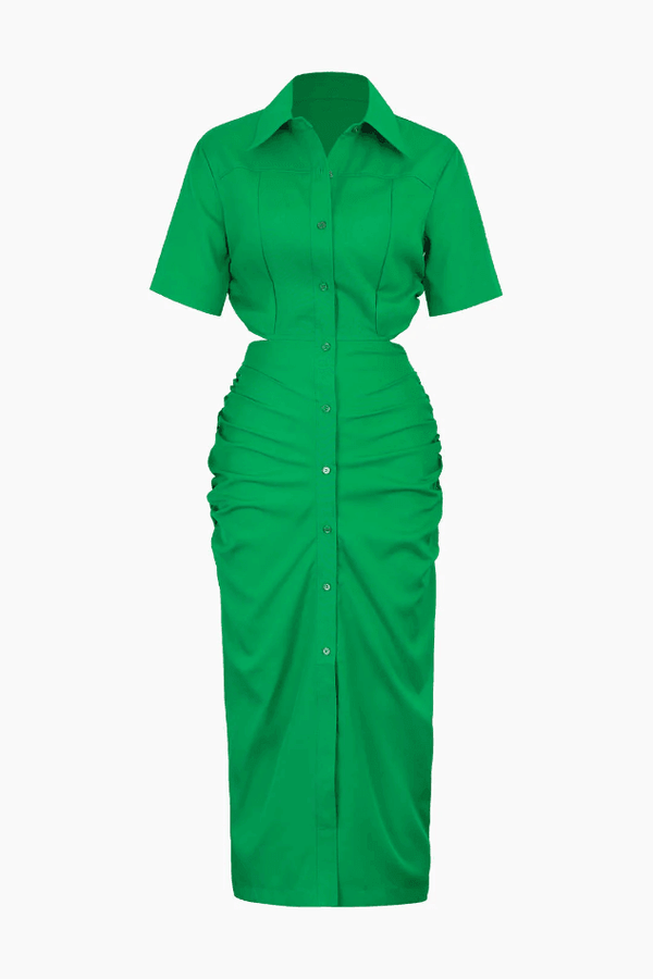 Cut Out Ruched Detail Midi Shirt Dress - LovelyKayley