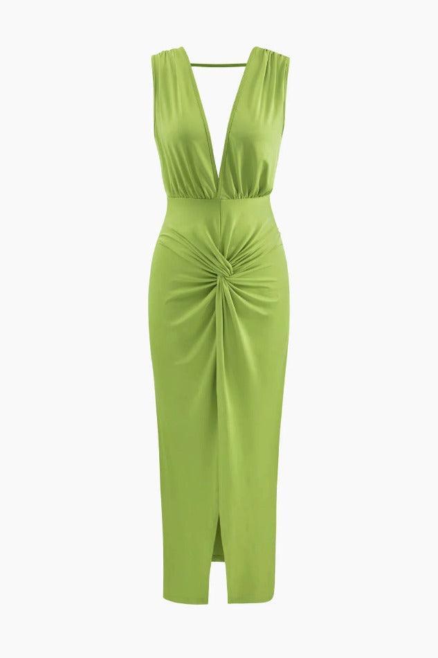 Deep V-neck Backless Twist Ruched Split Thigh Midi Dress - LovelyKayley