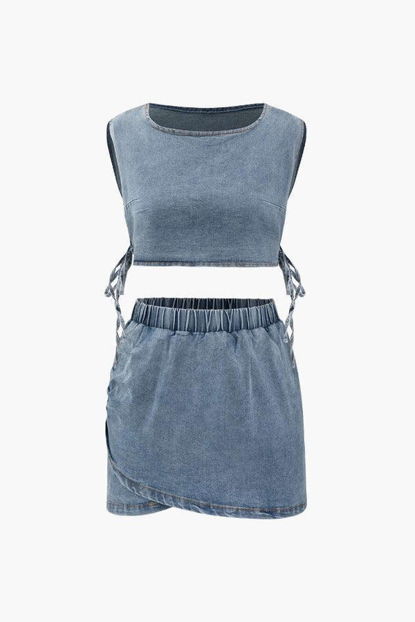 Denim Side Tie Cut Out Tank Top And Wrap Mini Skirt Set - LovelyKayley