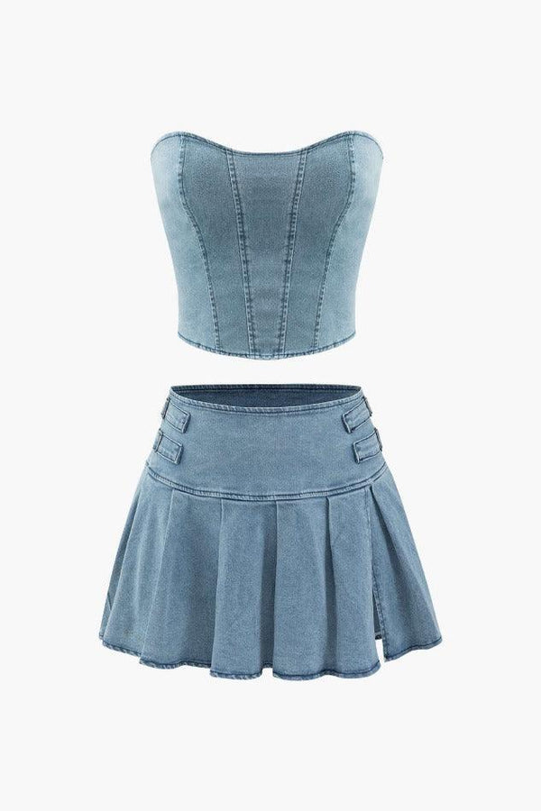 Denim Strapless Sleeveless Top And Pleated Mini Skirt Set - LovelyKayley