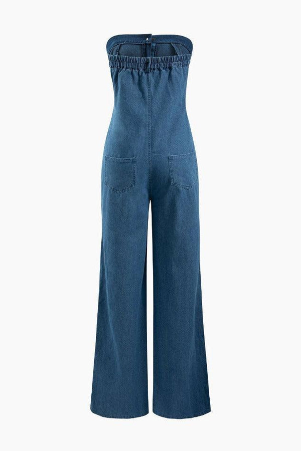 Destroyed Denim Strapless Wide Leg Jumpsuit - LovelyKayley