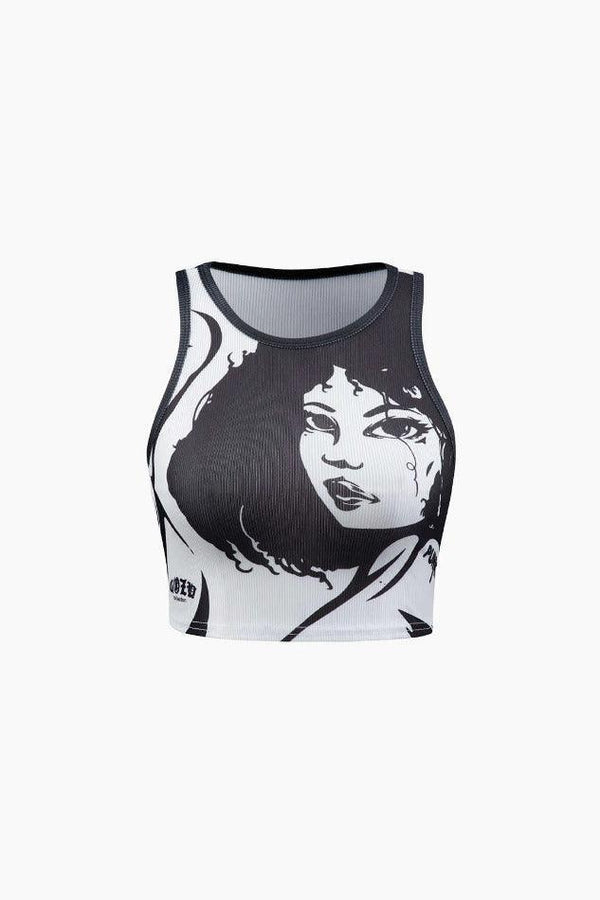 Doll Face Print Rib Tank Top - LovelyKayley