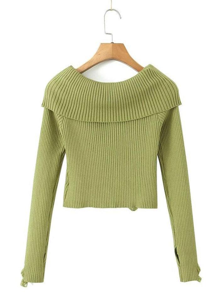 Long Sleeve Off-Shoulder Plain Ribbed-Knit Sweater - LovelyKayley