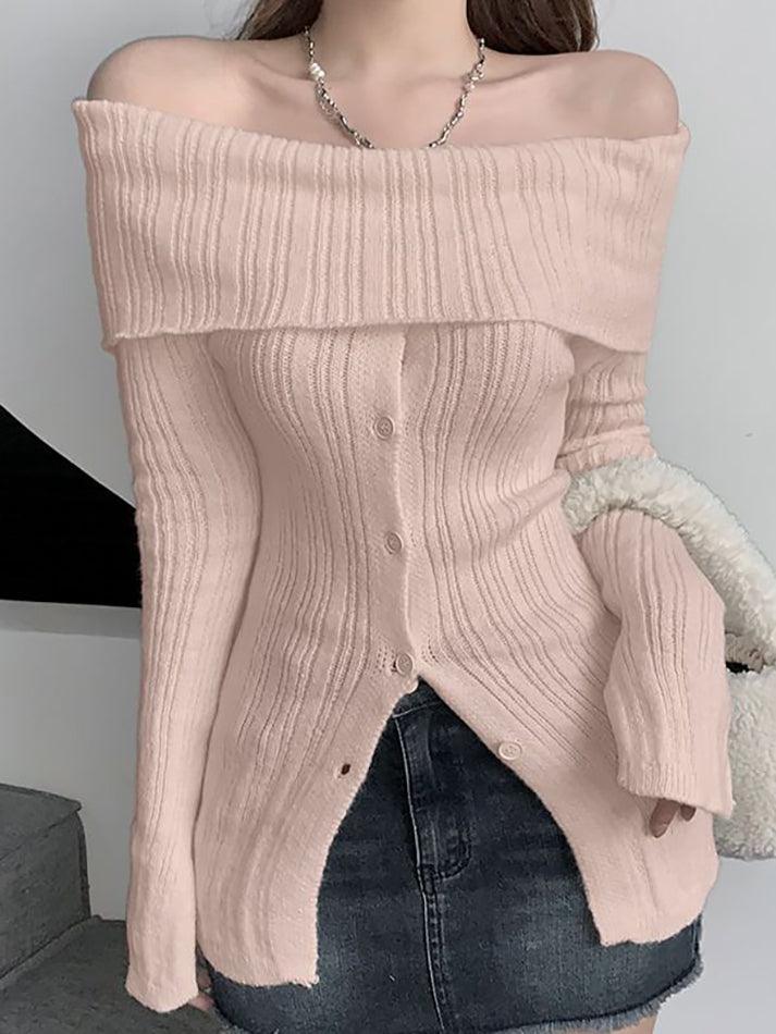 Long Sleeve Off-Shoulder Ribbed-Knit Sweater - LovelyKayley