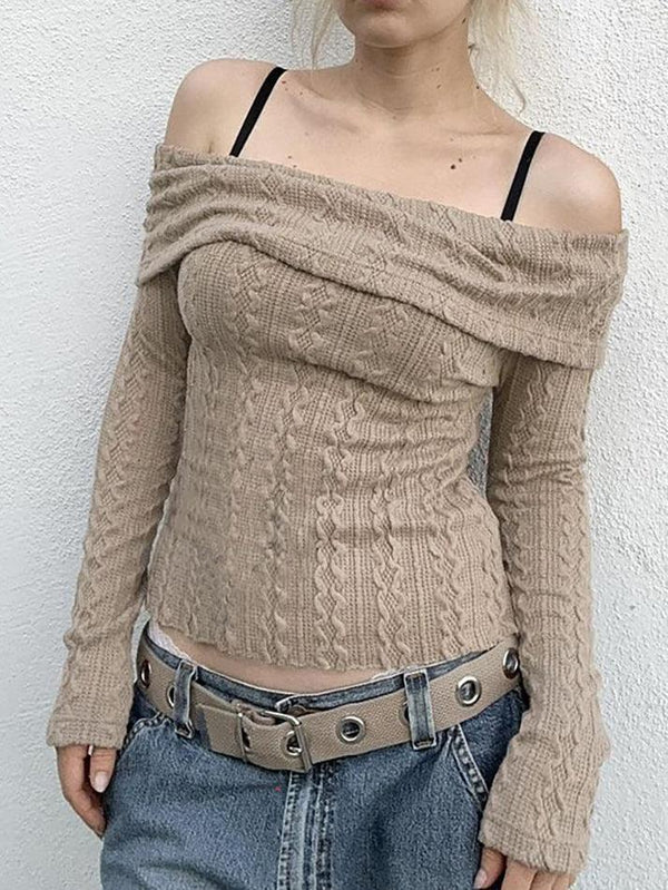 Long Sleeve Off-Shoulder Plain Cable-Knit Crop Sweater - LovelyKayley