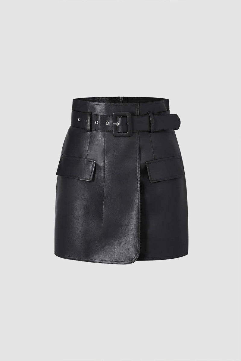 Faux Leather Belted A-line Mini Skirt - LovelyKayley