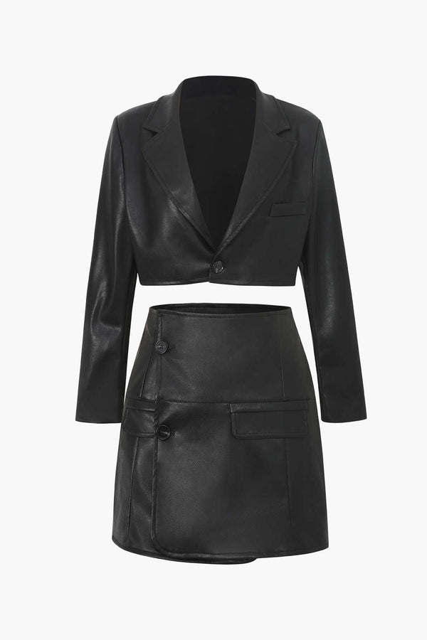 Faux Leather Cropped Blazer And Wrap Skirt Set - LovelyKayley