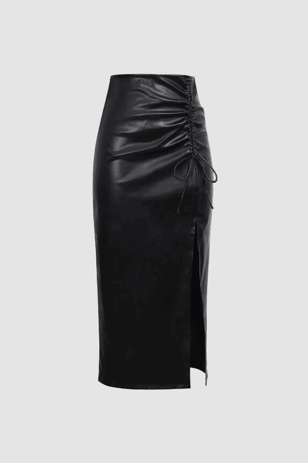 Faux Leather High Waist Drawstring Slit Skirt - LovelyKayley