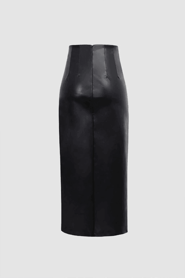 Faux Leather High Waist Drawstring Slit Skirt - LovelyKayley