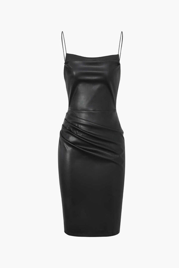 Faux Leather Ruched Cami Midi Dress - LovelyKayley