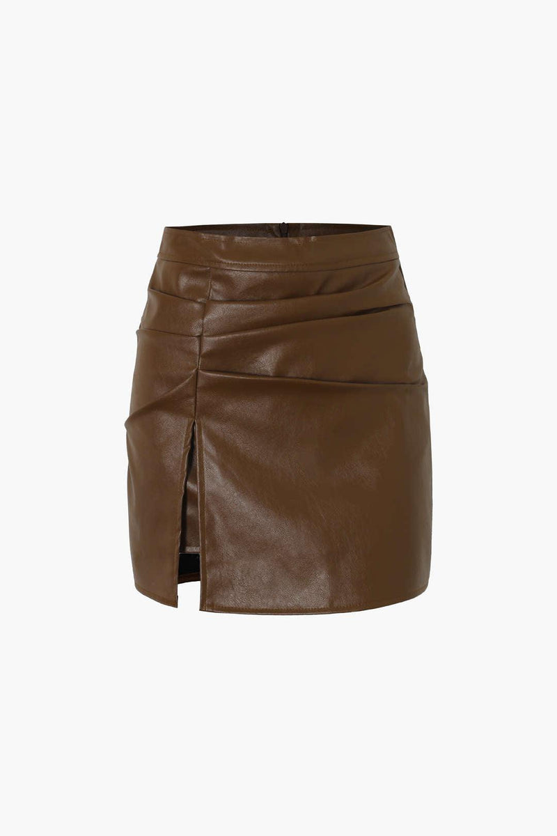 Faux Leather Ruched Pleated Mini Skirt - LovelyKayley