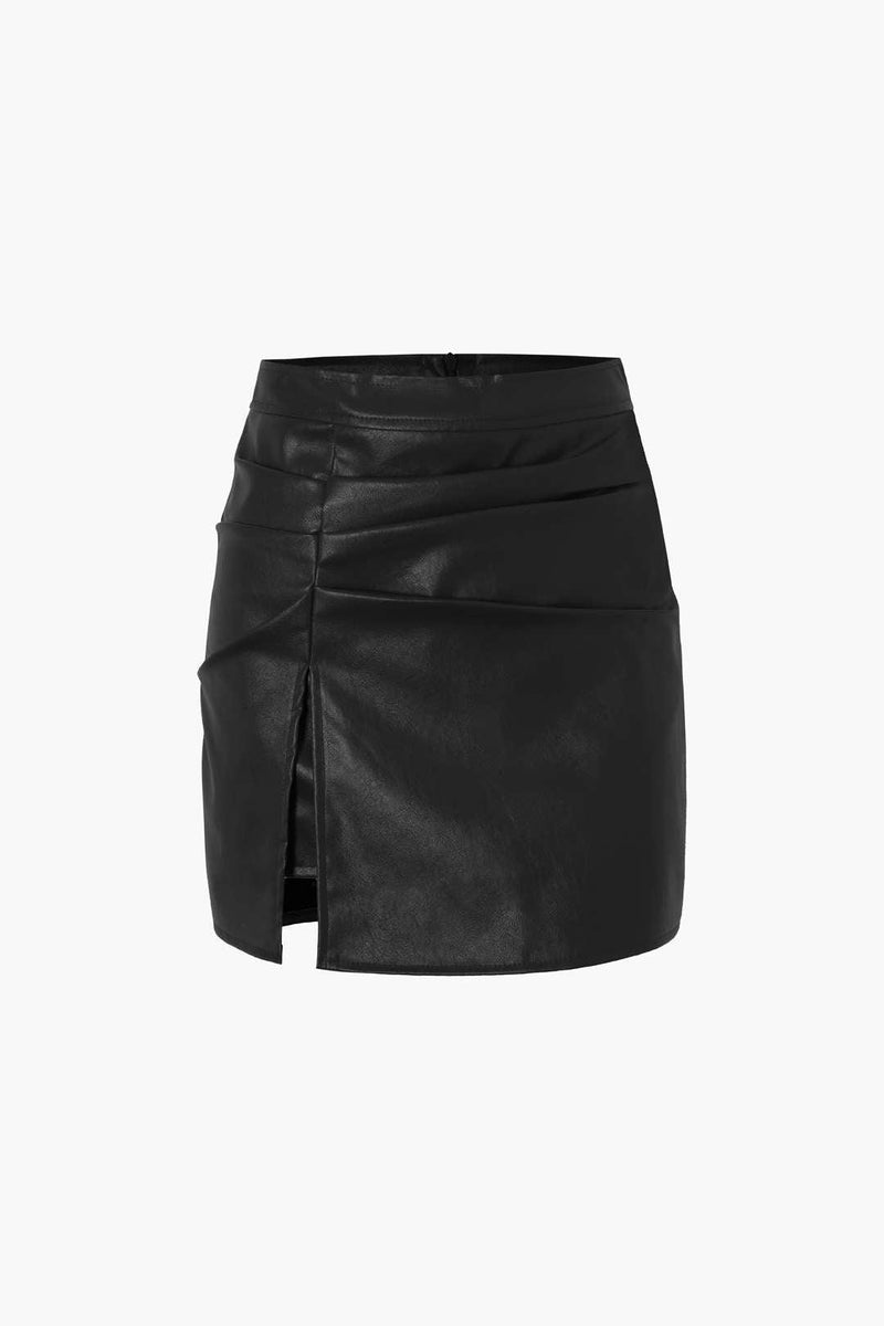 Faux Leather Ruched Pleated Mini Skirt - LovelyKayley