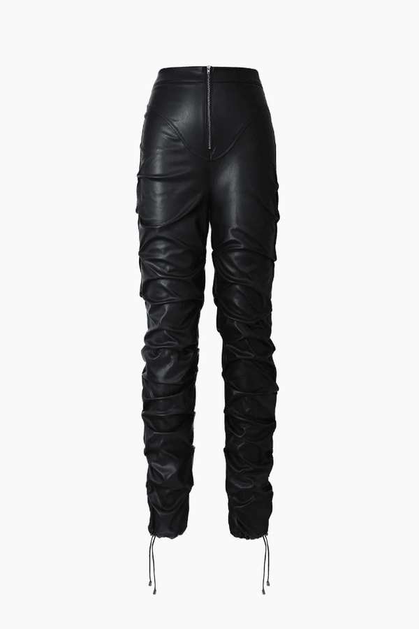 Faux Leather Zip Front Ruched Detail Skinny Pants - LovelyKayley