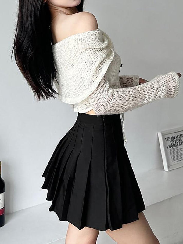 Long-Sleeve Off-Shoulder Plain Asymmetrical Bow Crop Knit Top - LovelyKayley