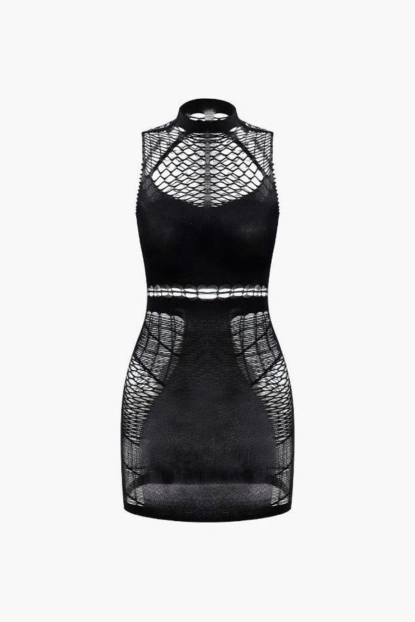 Fishnet Sleeveless Hollow Out Mini Dress - LovelyKayley