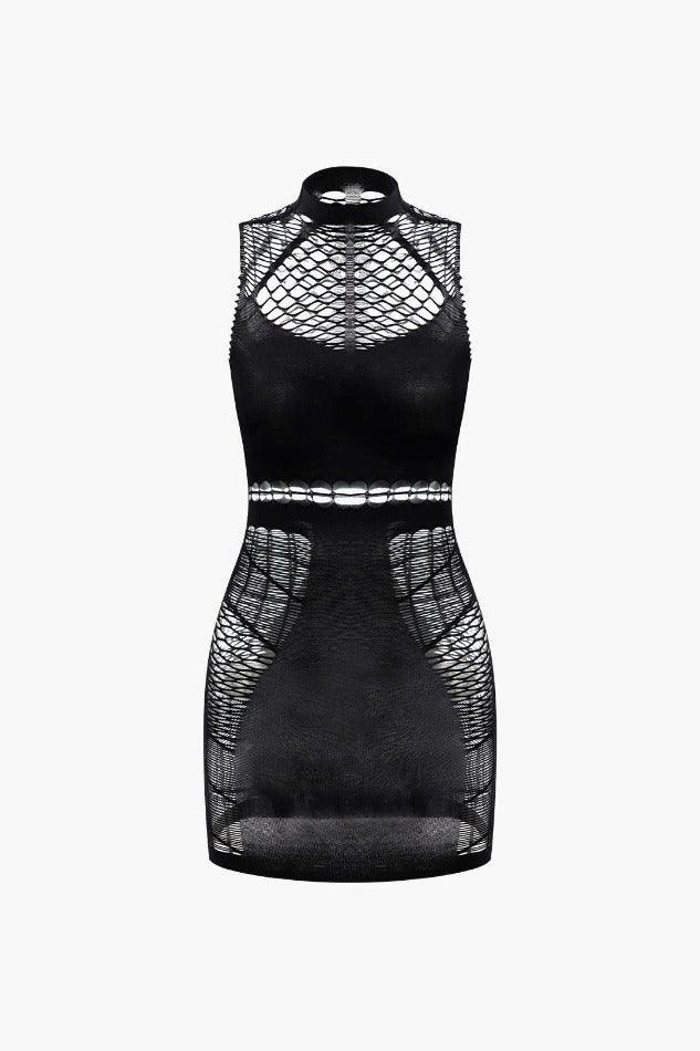 Fishnet Sleeveless Hollow Out Mini Dress - LovelyKayley