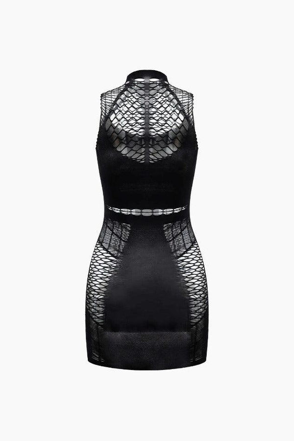 Fishnet Sleeveless Hollow Out Mini Dress - LovelyKayley