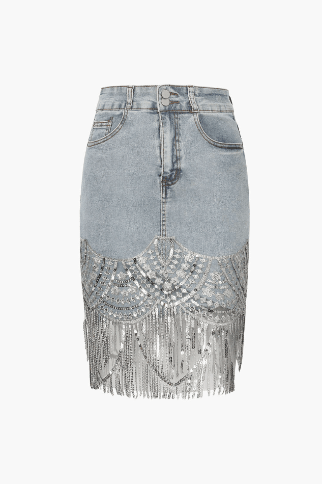 Flap Pocket Sequin Fringe Hem Bodycon Denim Skirt - LovelyKayley