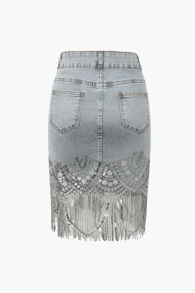 Flap Pocket Sequin Fringe Hem Bodycon Denim Skirt - LovelyKayley