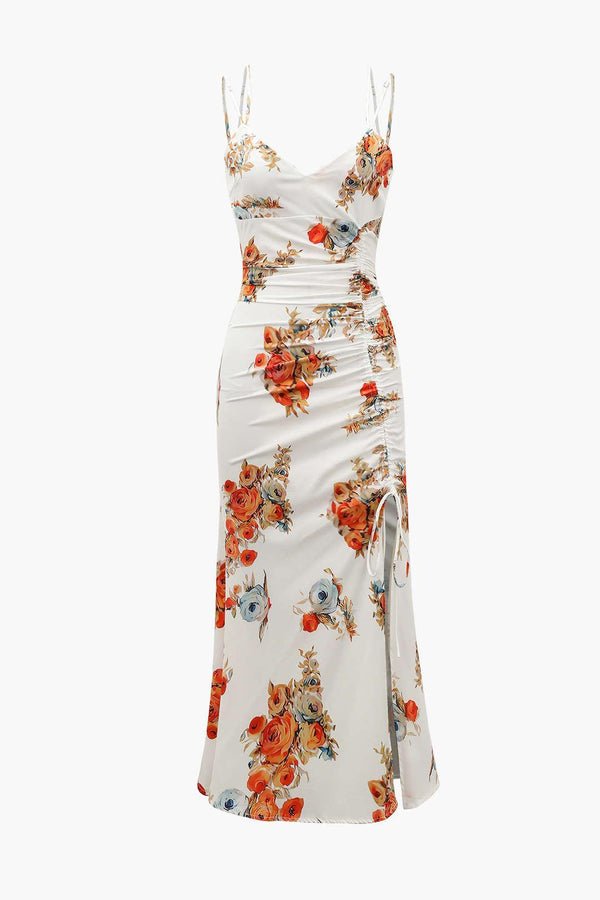 Floral Drawstring Cami Slit Midi Dress - LovelyKayley