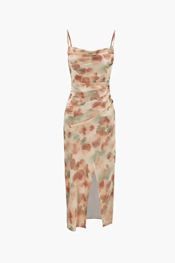 Floral Print Cowl Neck Satin Slit Midi Dress - LovelyKayley