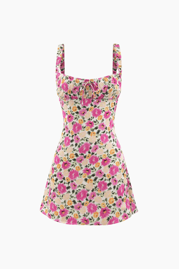 Floral Print Ruched Bodice Backless A-line Mini Dress - LovelyKayley