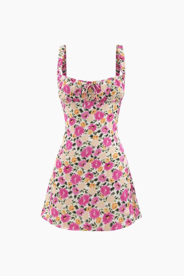 Floral Print Ruched Bodice Backless A-line Mini Dress - LovelyKayley