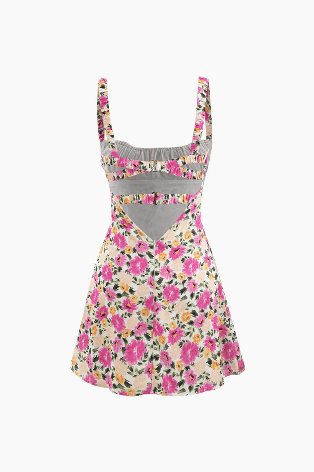 Floral Print Ruched Bodice Backless A-line Mini Dress - LovelyKayley