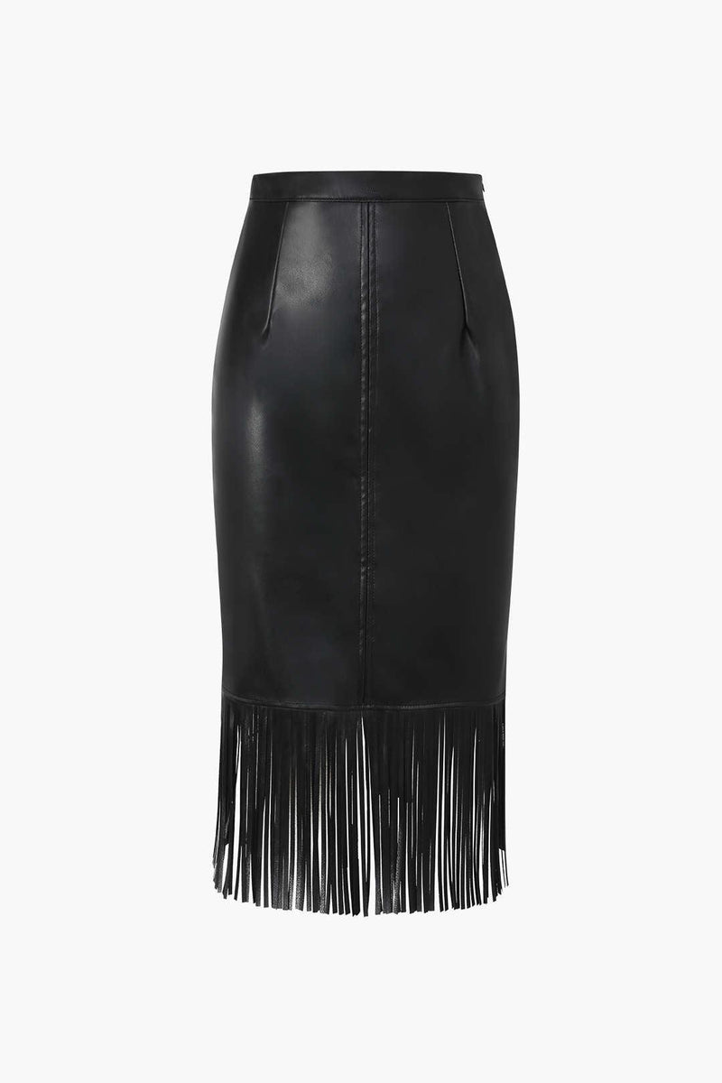 Fringe Hem Faux Leather Midi Skirt - LovelyKayley