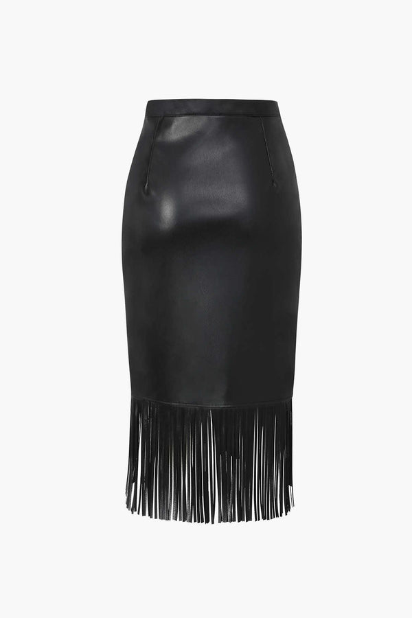 Fringe Hem Faux Leather Midi Skirt - LovelyKayley