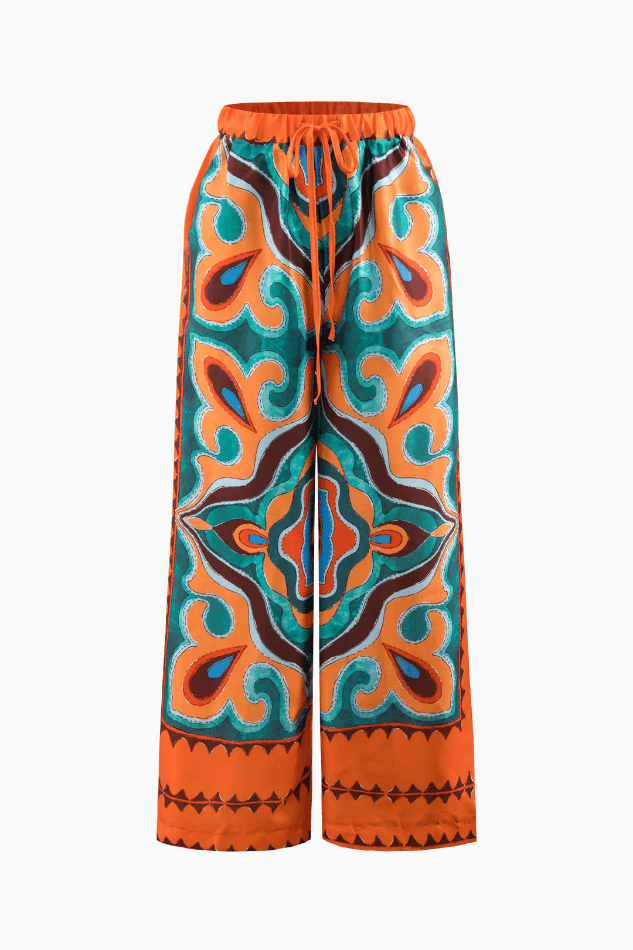 Graphic Print Tie Waist Wide Leg Pants - LovelyKayley