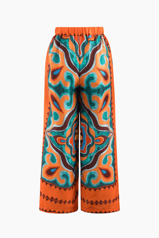 Graphic Print Tie Waist Wide Leg Pants - LovelyKayley