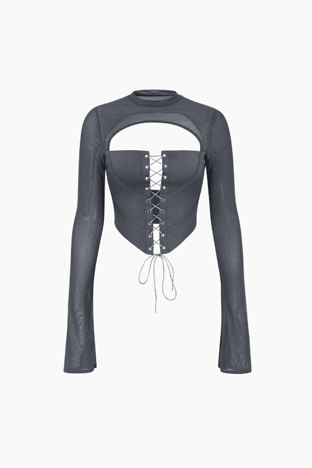 High Neck Lace Up Corset Long Sleeve Top - LovelyKayley