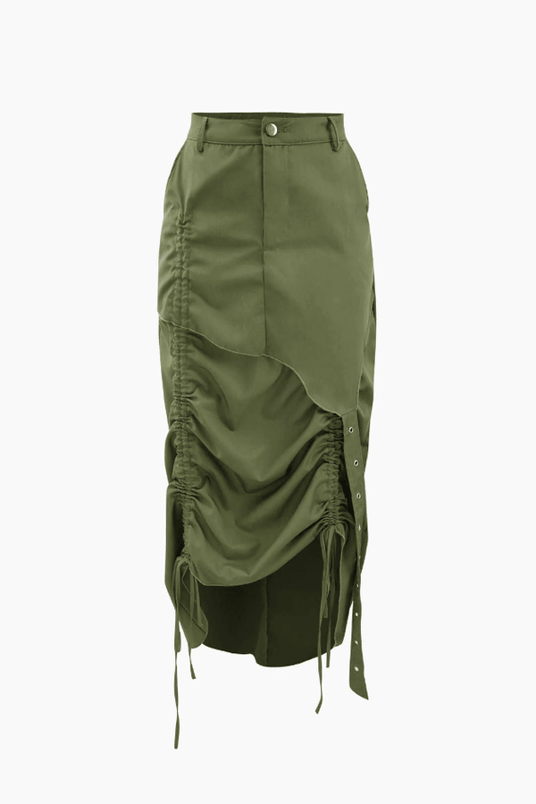 High Rise Drawstring Ruched Cargo Midi Skirt - LovelyKayley