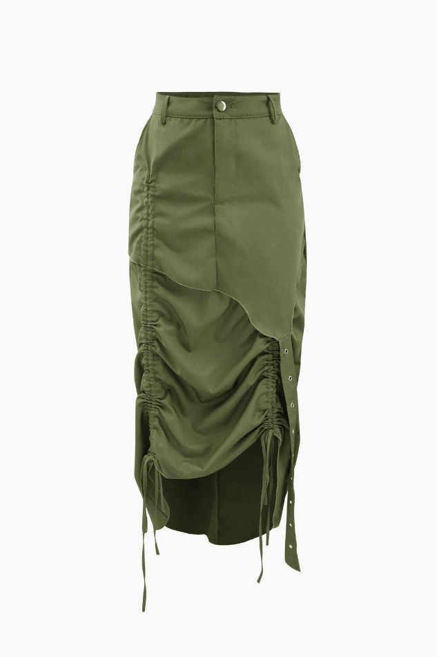 High Rise Drawstring Ruched Cargo Midi Skirt - LovelyKayley