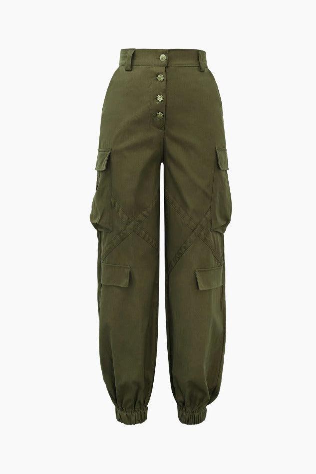 High-Rise Flap Pocket Cuffed Cargo Pants - LovelyKayley