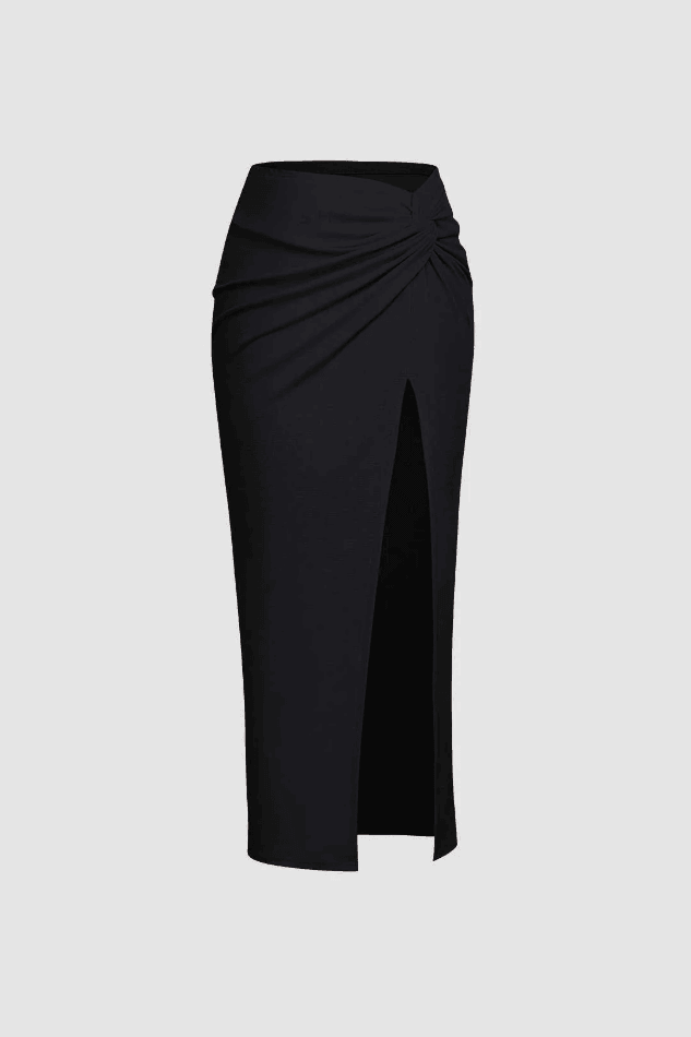 Knot Side Slit Slinky Midi Skirt - LovelyKayley