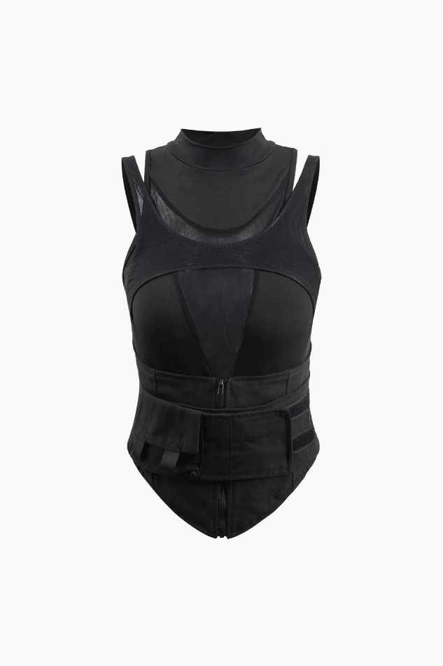 Mesh Panel Belted Tank Top - LovelyKayley