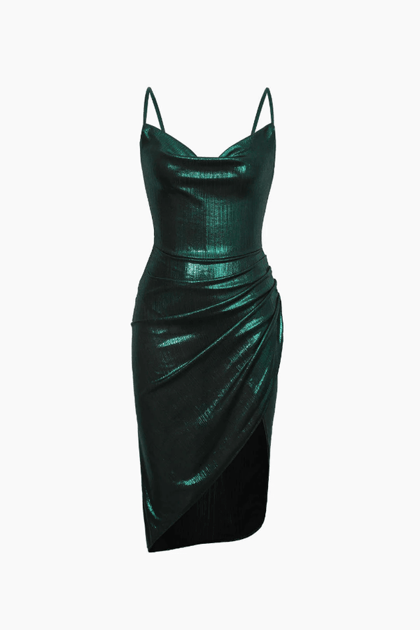 Metallic Cowl Front Draped Mini Dress - LovelyKayley