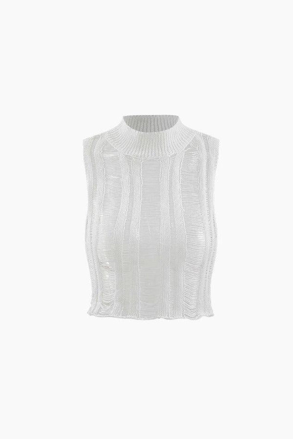 Mock Neck Openwork Knit Sleeveless Top - LovelyKayley